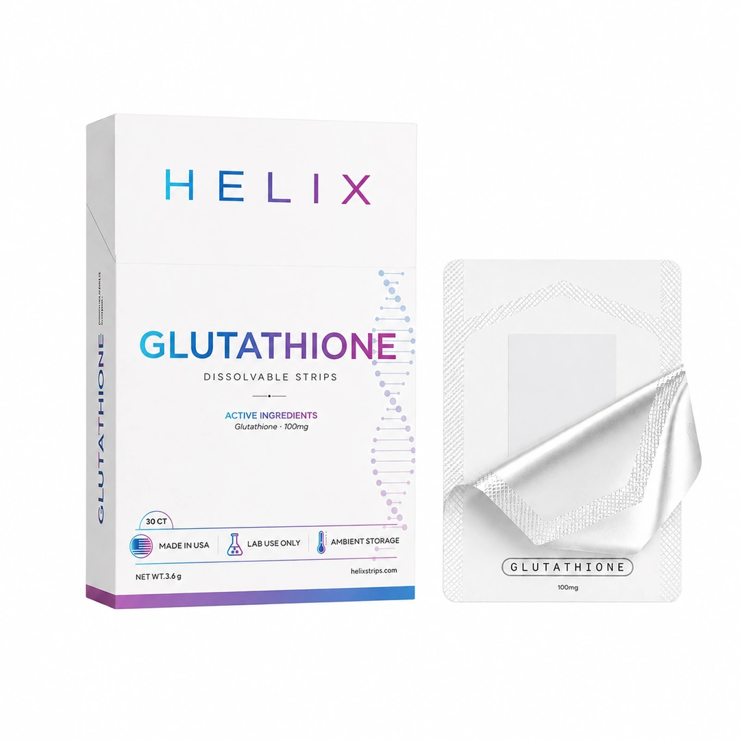 HELIX Glutathione dissolvable strips box beside a sealed sachet with the foil peeled back