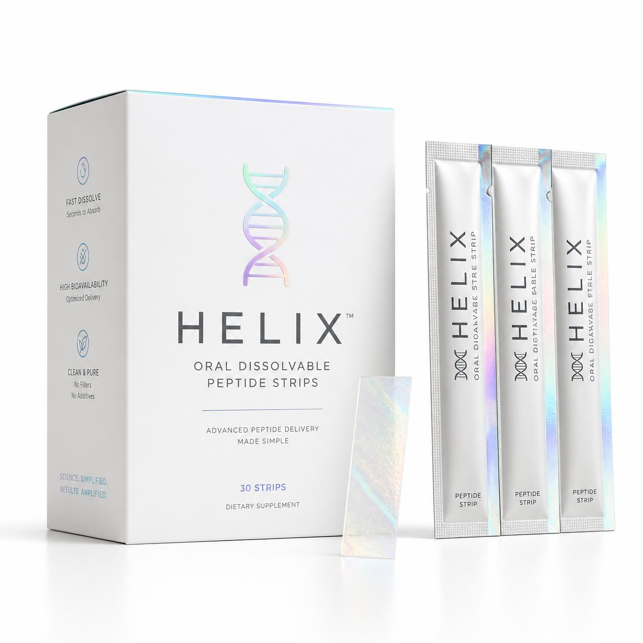 HELIX dissolvable peptide strips box with individually wrapped sachets and a translucent strip